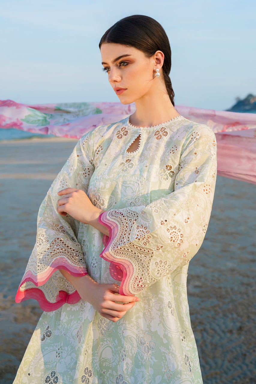 Baroque Light Green Pure Lawn Embroidery Shifle Chikankari Dress 3pc