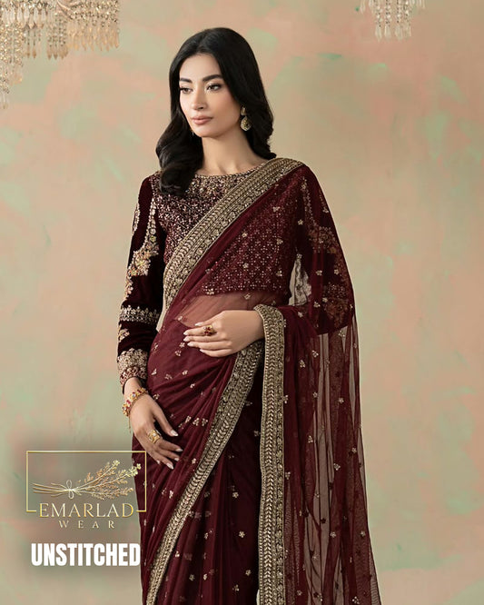 Maria B Mehroon Heavy Embroidered Net Saree 7.5 Yards