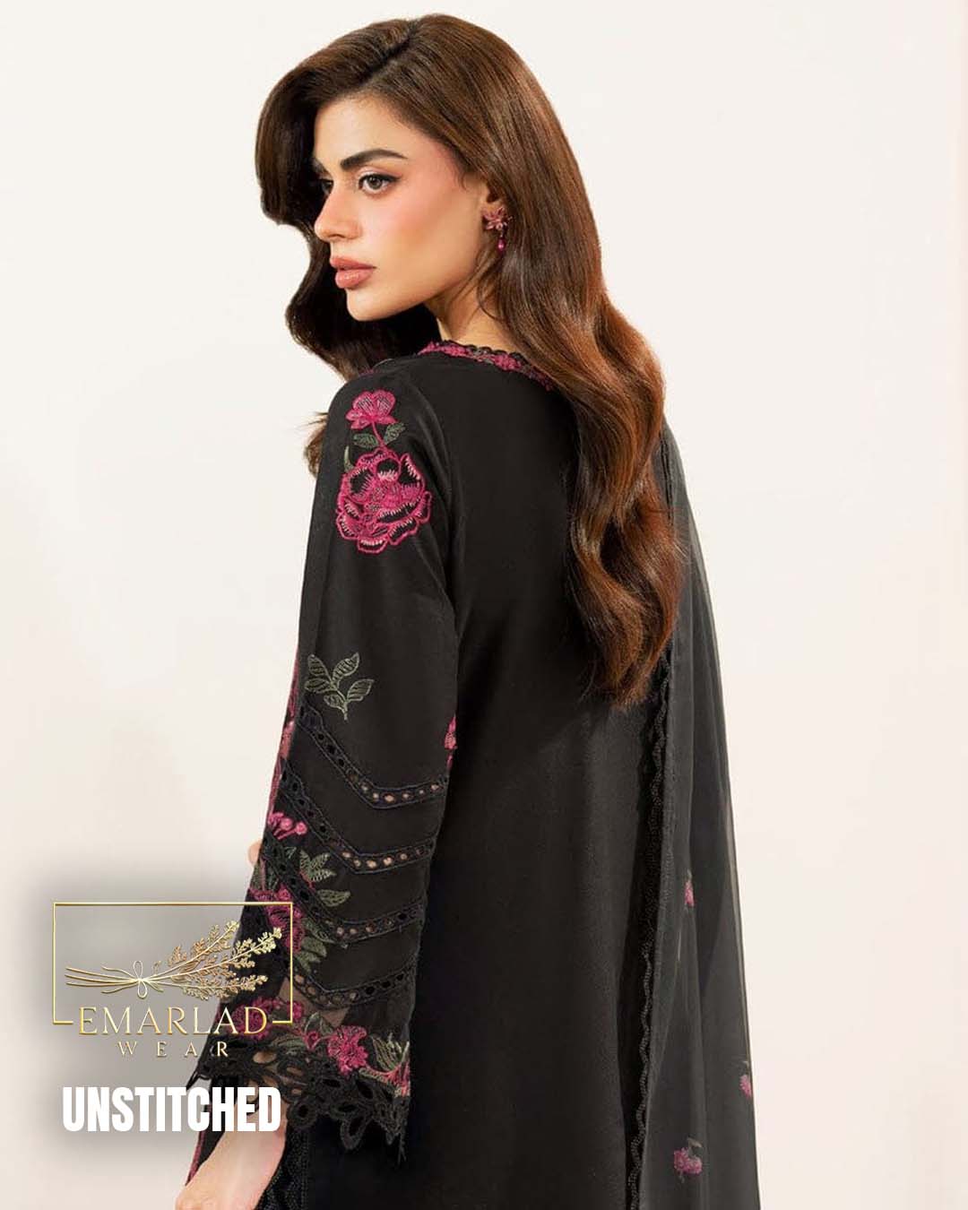 Iznik OM Black Cotton Embroidered Suit with Semi-Pure Silk Dupatta