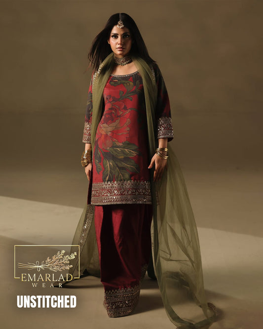 Charizma Fancy Organza Dupatta 3PC Unstitched Lawn – Mehroon | Premium Lawn 2026