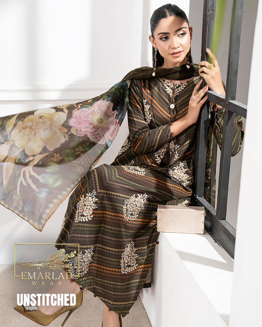MB M-Print Lawn 3PC 2026 – Heavy Embroidered with Chiffon Dupatta zigzag brown