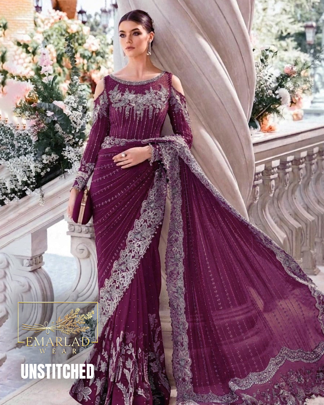 Maria B Dark Purple Net Saree Replica with Silk Trouser & Sequence Work
