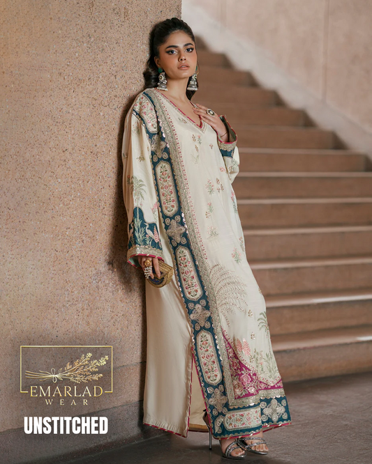Ethnic Off White 3 Piece Silk Kaftan Unstitched Suit