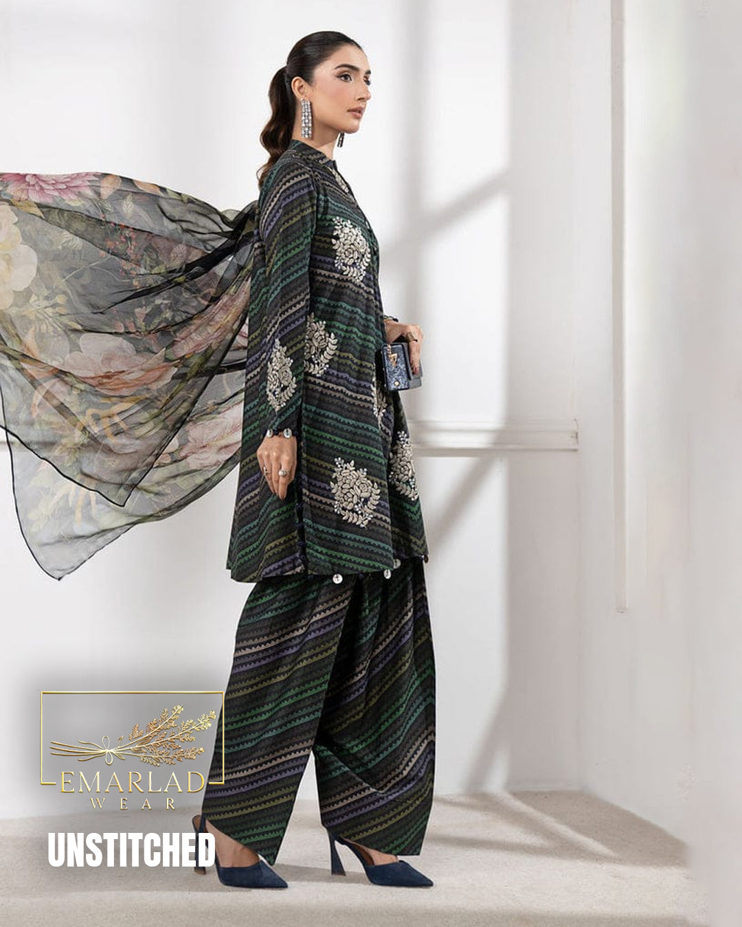 MB M-Print Lawn zig zag blue 3PC 2026 – Heavy Embroidered with Chiffon Dupatta