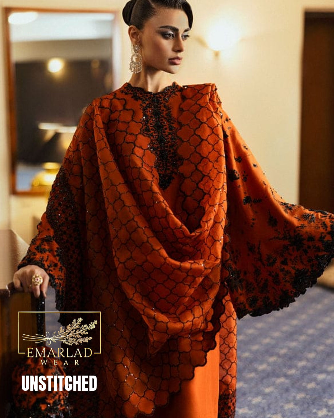 Hussain Rehar Rust Orange 3PC Unstitched Raw Silk Suit with Heavy Adda Work & Organza Dupatta