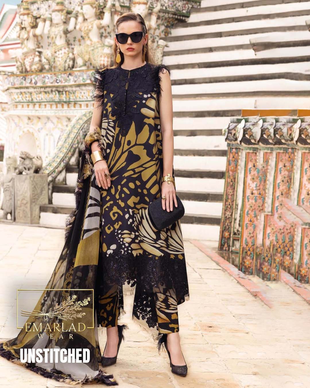 Maria B Golden Cheeta Lawn Suit with Chiffon Embroidered Dupatta
