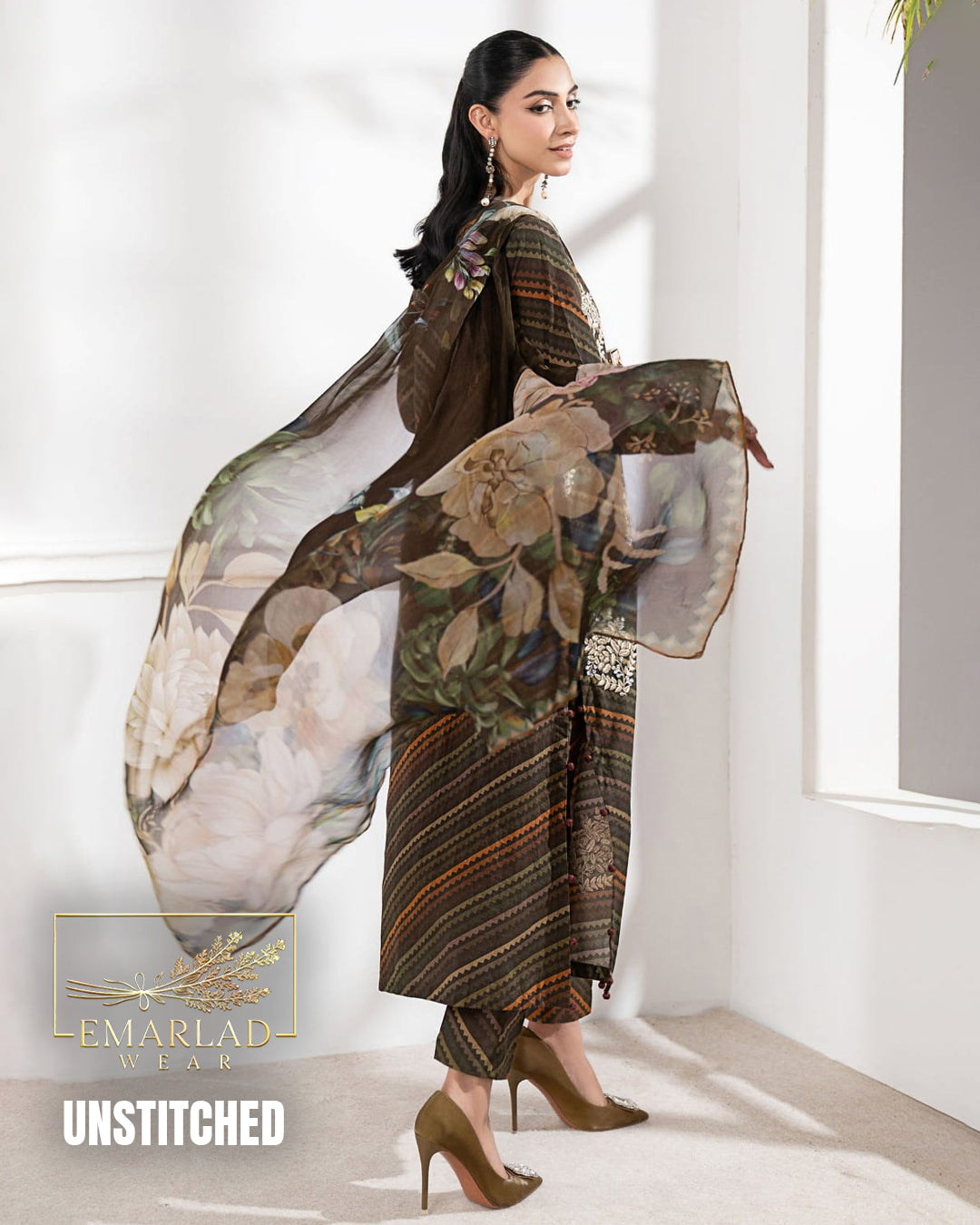 MB M-Print Lawn 3PC 2026 – Heavy Embroidered with Chiffon Dupatta zigzag brown