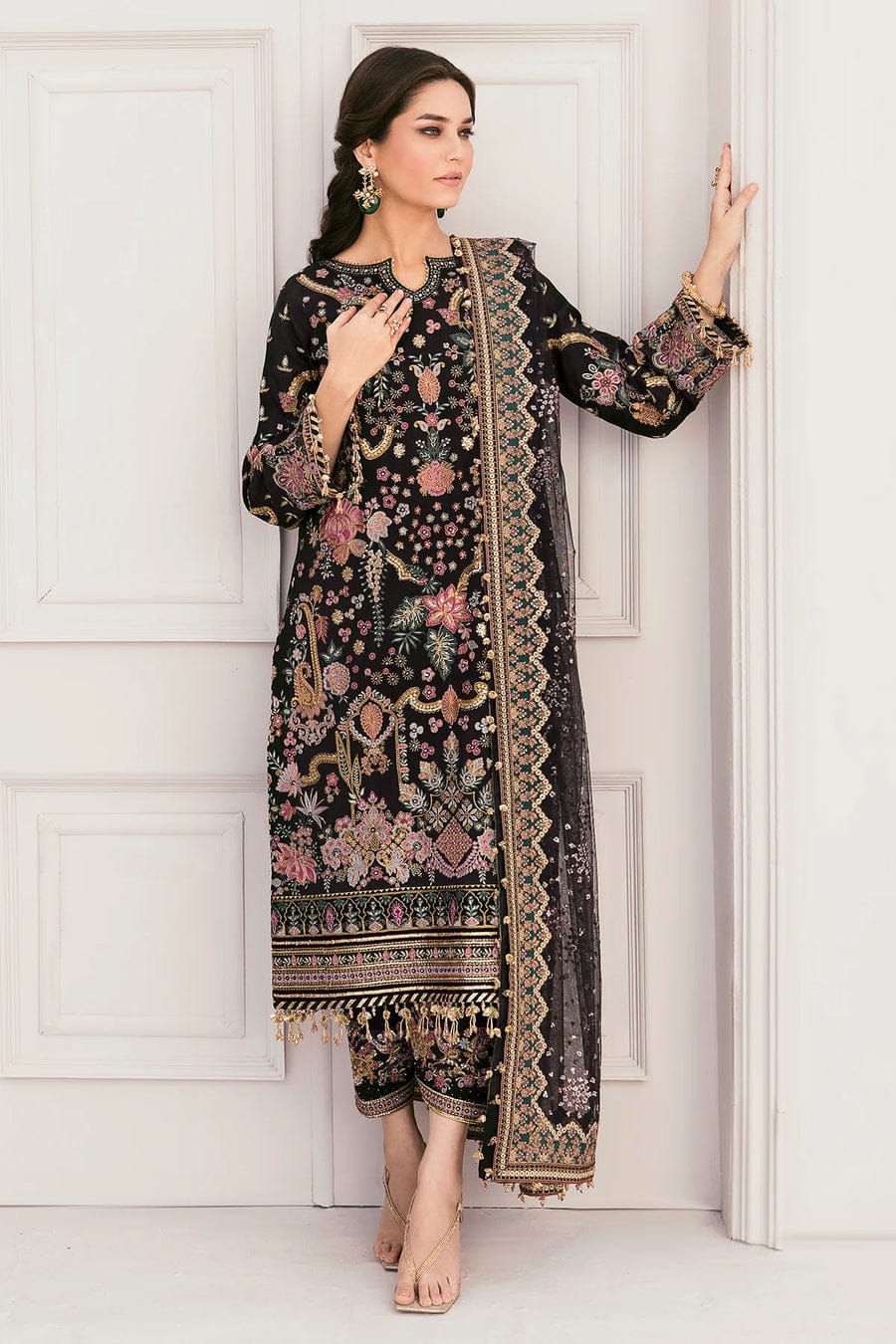 BAROQUE BLACK EMBROIDERED NET DRESS 3 PC Emarlad Wear BAROQUE BLACK EMBROIDERED NET DRESS 3 PC Emarlad Wear
