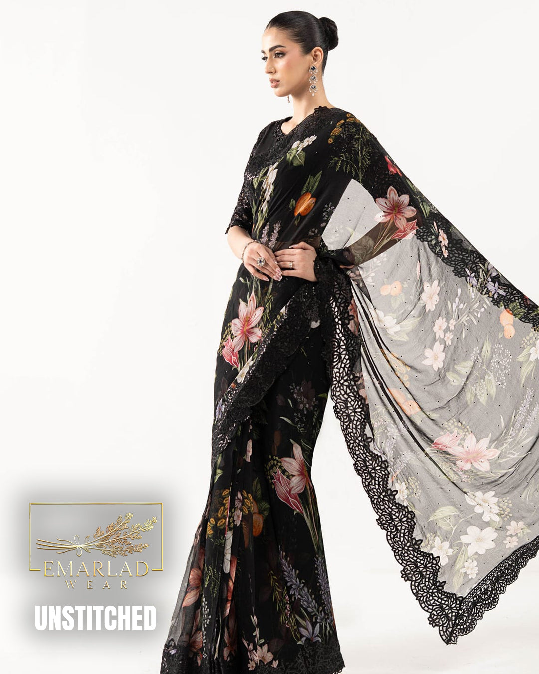 Maria B Black Digital Printed Heavy Embroidered Saree