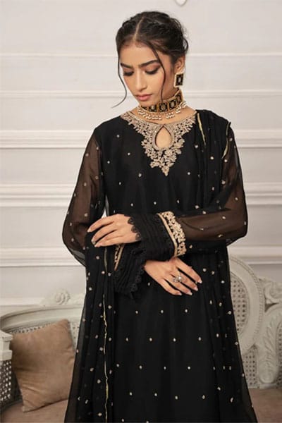 Women Party Dresses Embroidered Chiffon Black