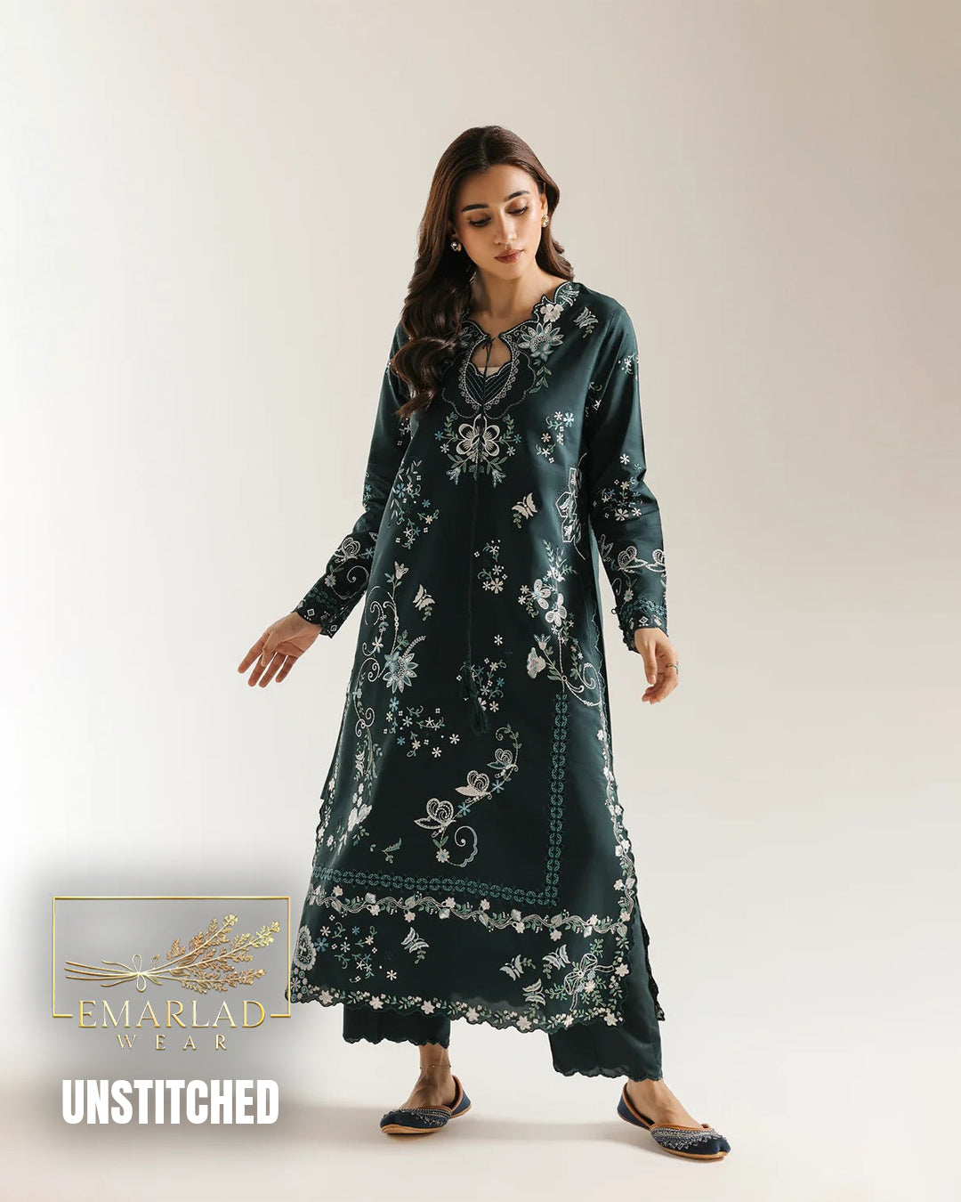Ethnic Dark Bottle Green 2 Piece Silk Kaftan Unstitched