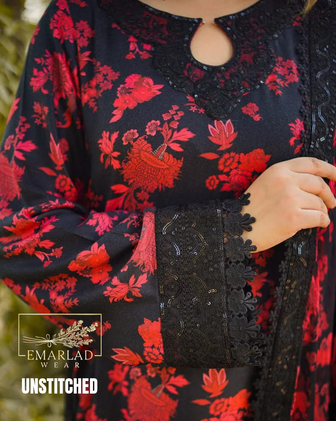 Aneelas Lawn Suit – Black & Red | Chiffon Embroidered Dupatta