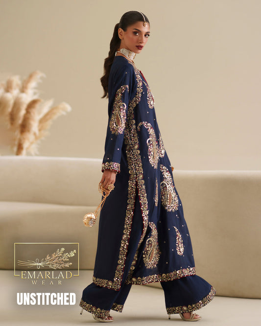 Ethnic Navy Blue Kairy 2 Piece Shalmoz Silk Unstitched Suit
