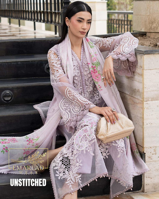 Maria B Lilac Purple Luxury Embroidered Lawn 3PC Unstitched Suit | Digital Printed & Laser Embroidered