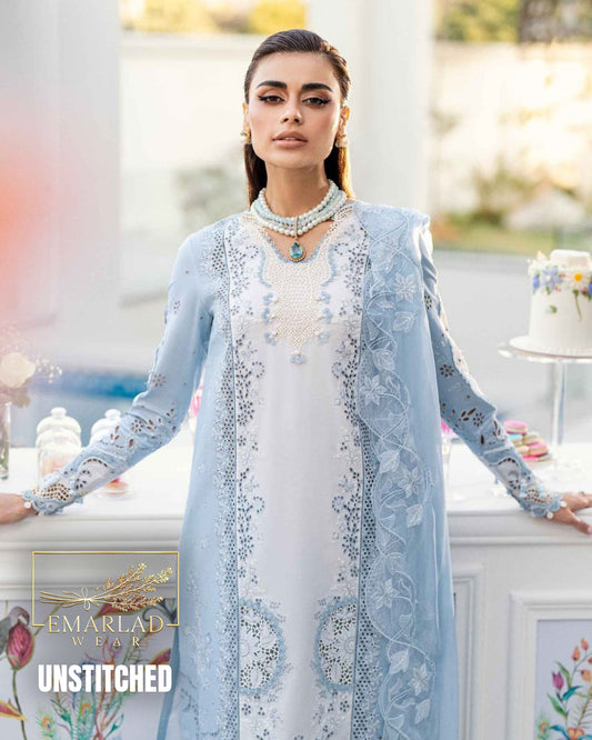 Qalamkar Tasha White & Blue Luxury Embroidered Lawn 3 Piece Suit