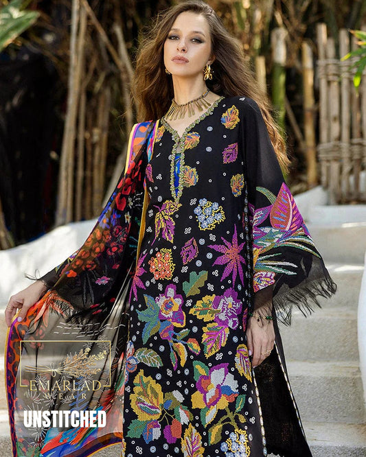 Mushq Black Lawn Collection 2026 – Cross Stitch Embroidered 3PC Suit with Digital Dupatta