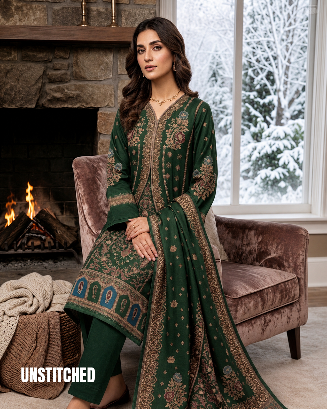 Bottle Green Pashmina Jacquard 3 Piece Winter Suit