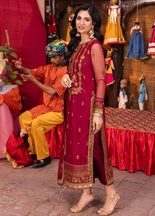 Asim Jofa Red Chiffon Dress Formal Collection 3pc