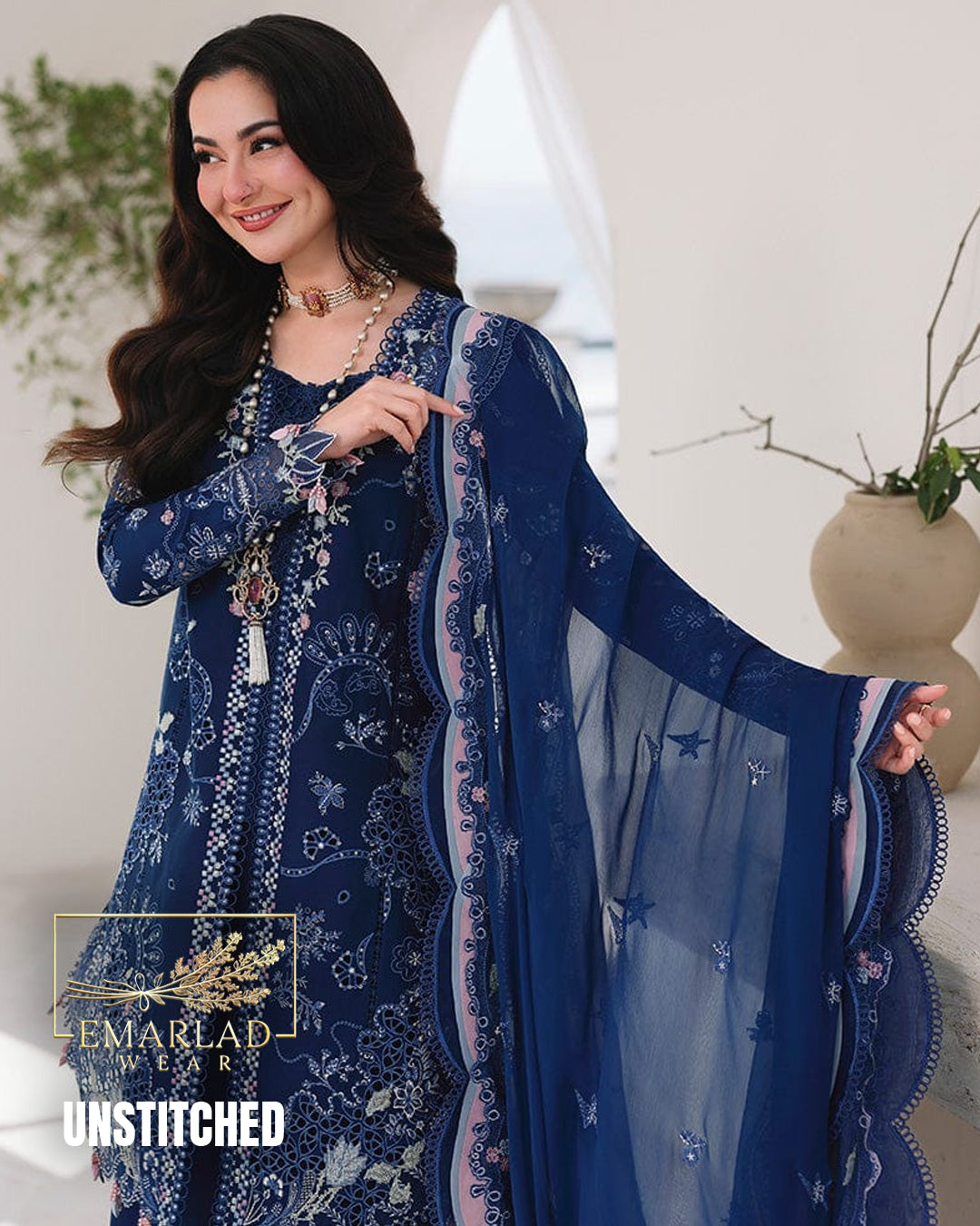 Qalamkar Sahil NavyBlue Luxury Embroidered Lawn Suit 3PC Unstitched – Premium Summer Collection