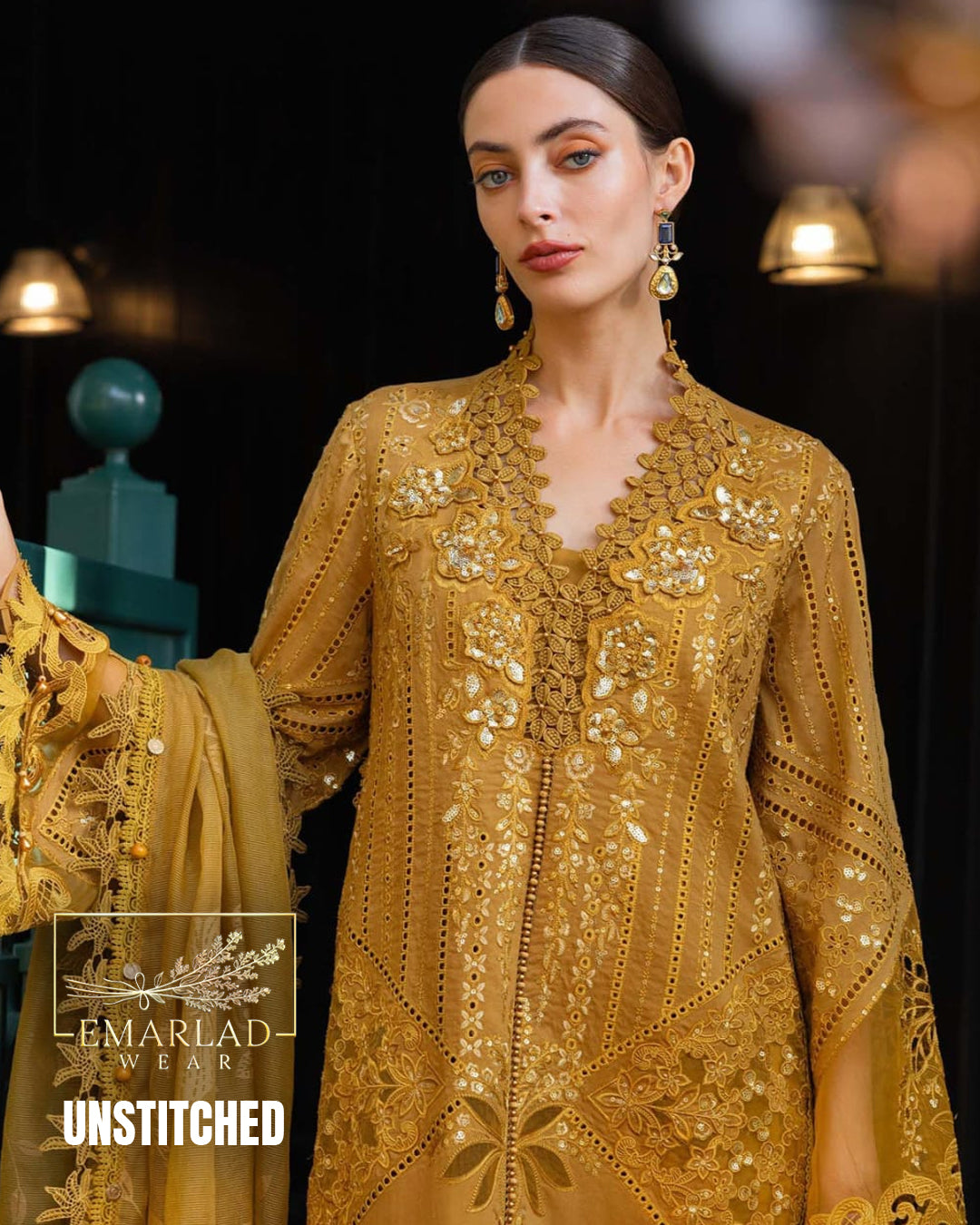 Maria B Luxury Lawn Collection Mustard 3 Piece Unstitched Embroidered Lawn Suit with Organza Dupatta