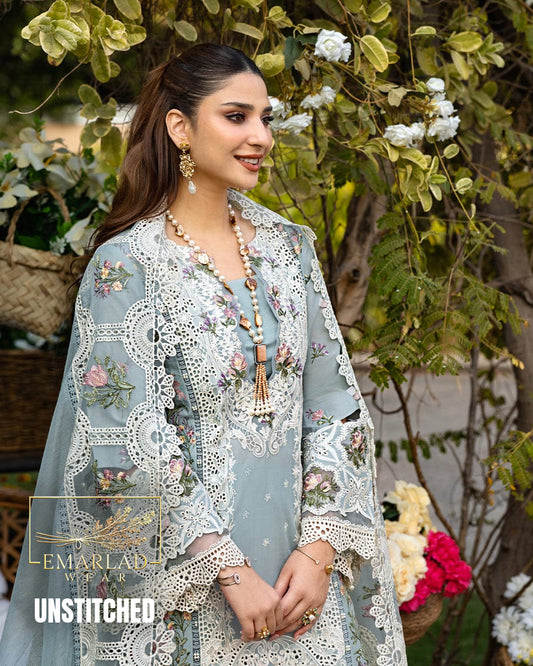Elaf Grey Unstitched Replica Lawn Cotton 3 Piece Suit with Cotton Net Dupatta
