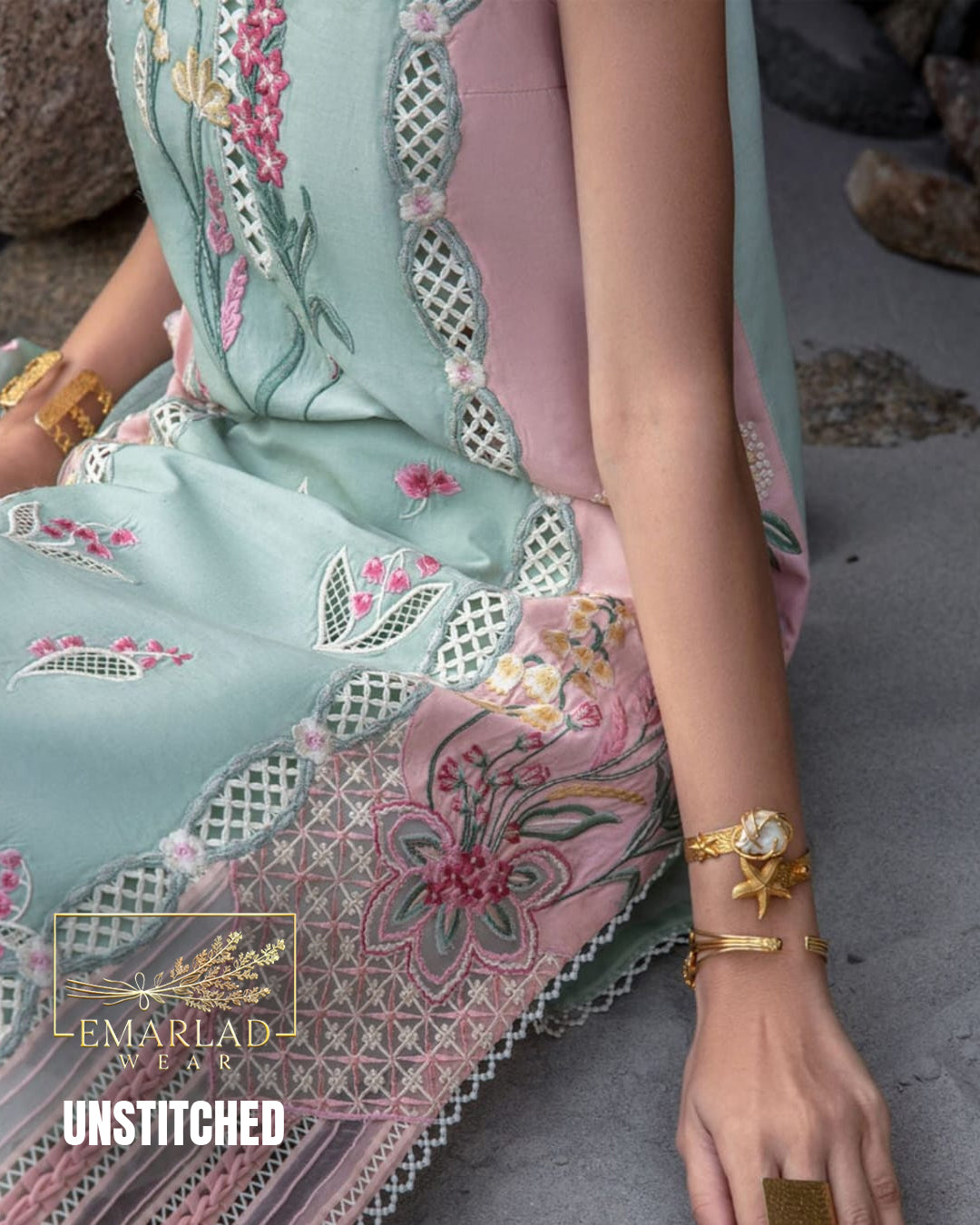 Crimson Green Pink Unstitched Replica Lawn Cotton Suit with Organza Dupatta