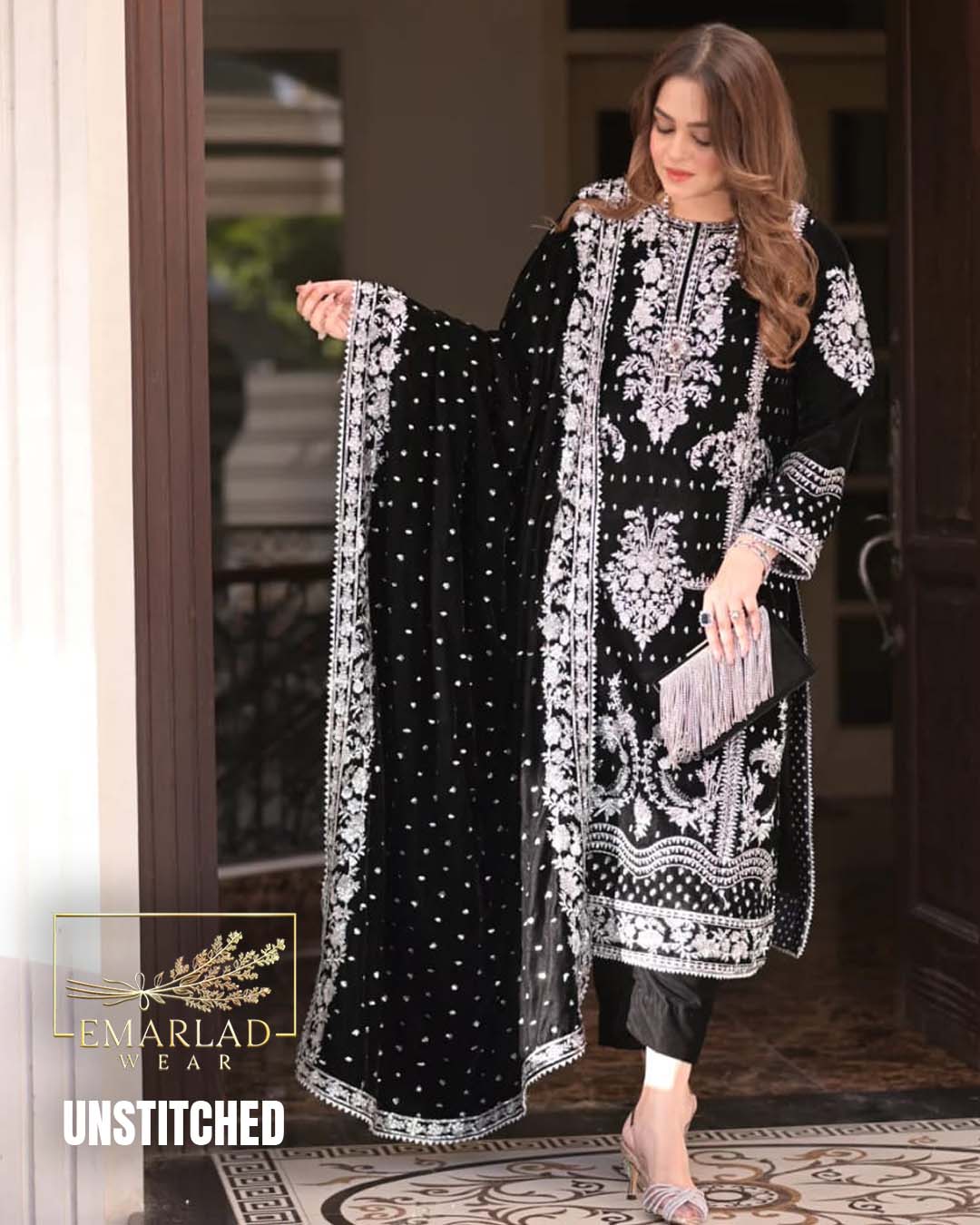 Aneelas Black Velvet Dress with Silver Embroidery – Luxury Formal Wear