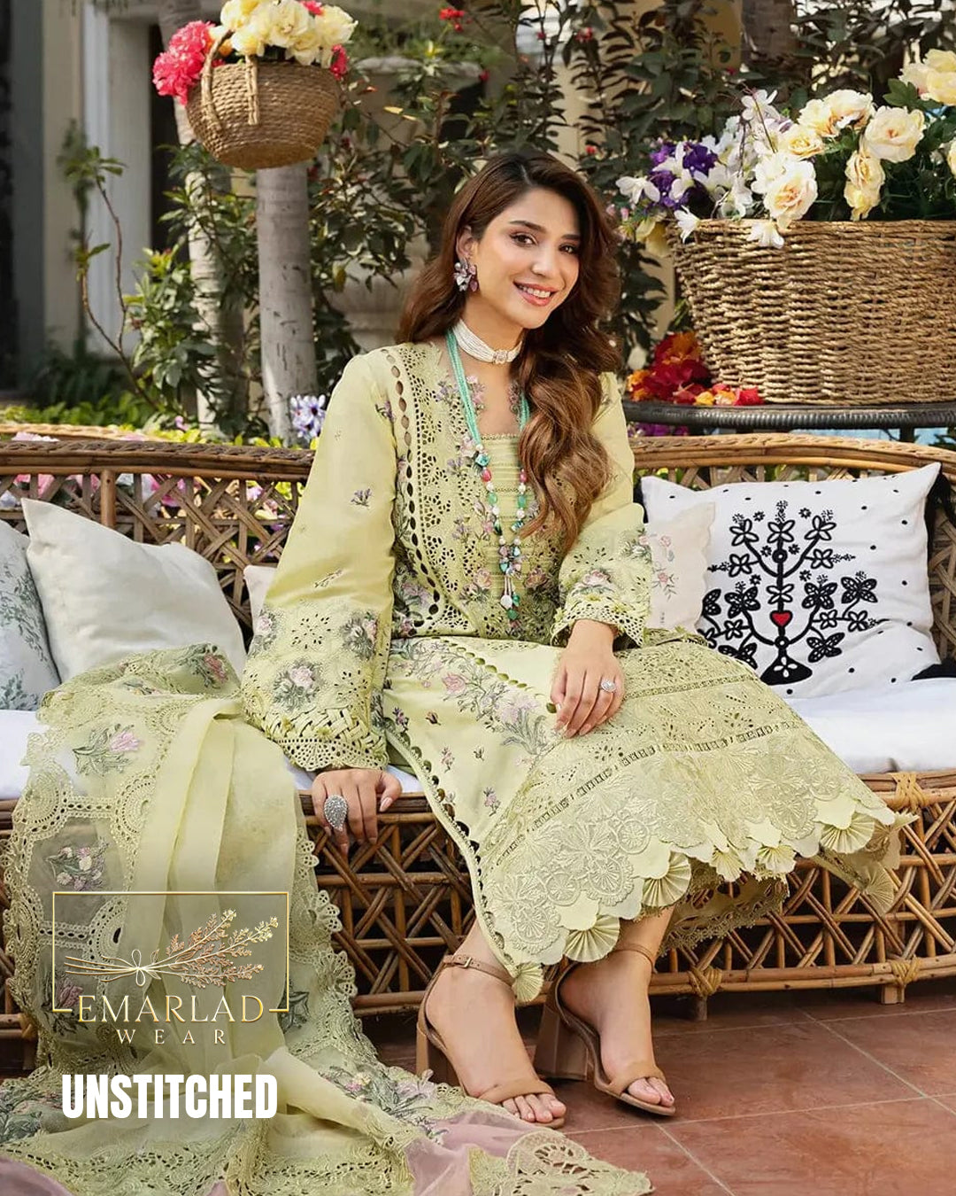 Elaf Mustard Unstitched Replica Lawn Cotton Suit with Cotton Net Dupatta