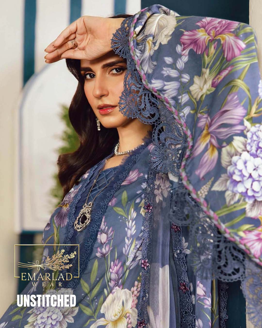 M.B Navy Blue Lawn Suit with Chiffon Embroidered Dupatta