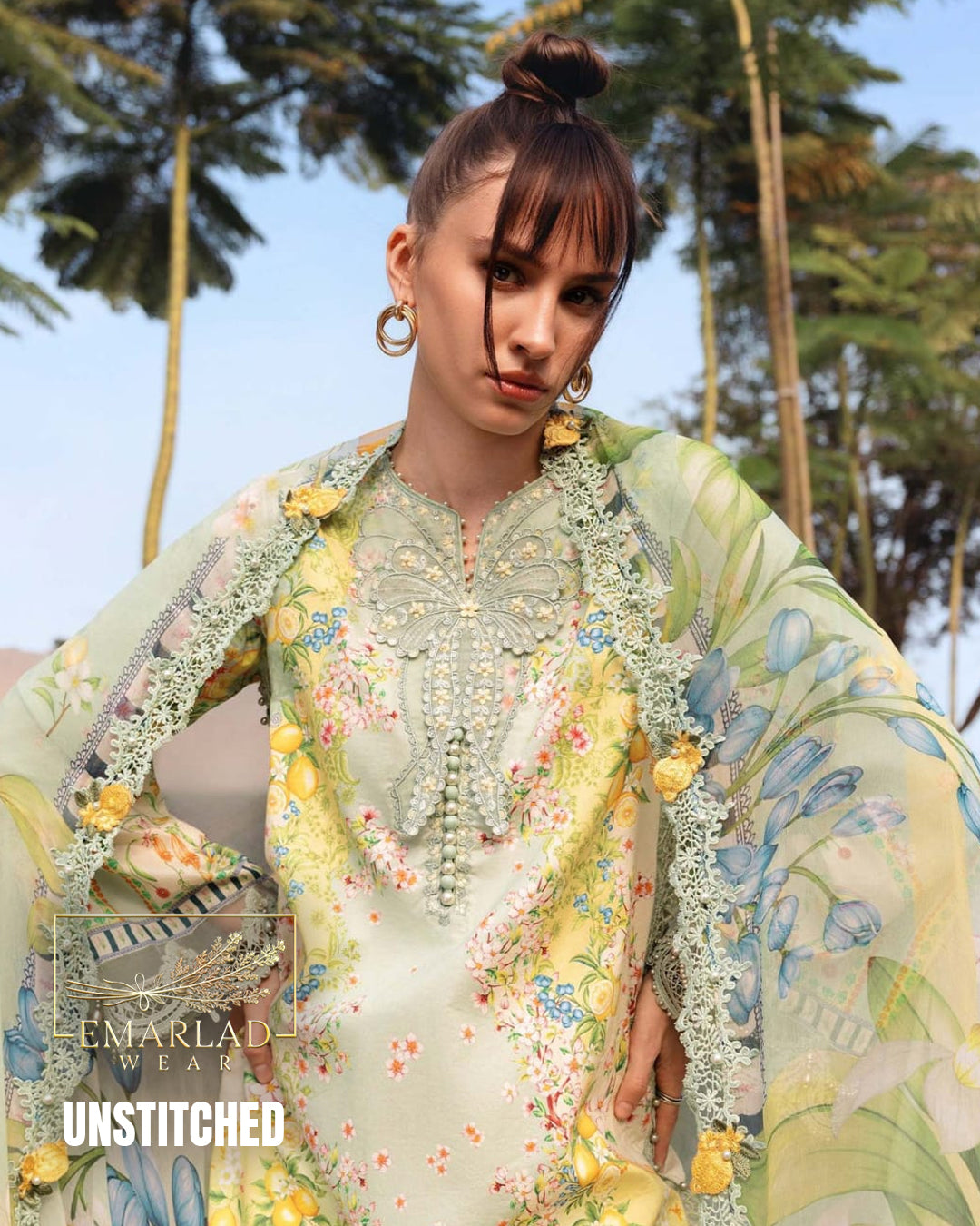 Maria B Yellow Lawn Suit with Embroidered Chiffon Dupatta & Printed Trouser | 3PC Collection