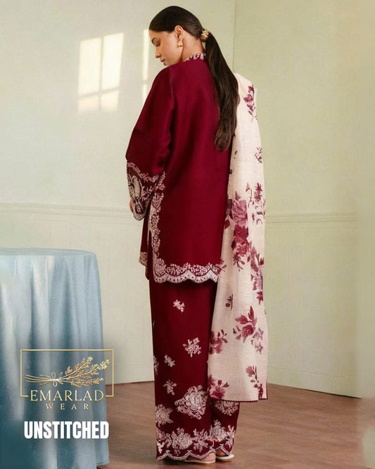 Coco by Zara Shah Jahan Mehroon Luxury Lawn Embroidered 3 Piece Suit
