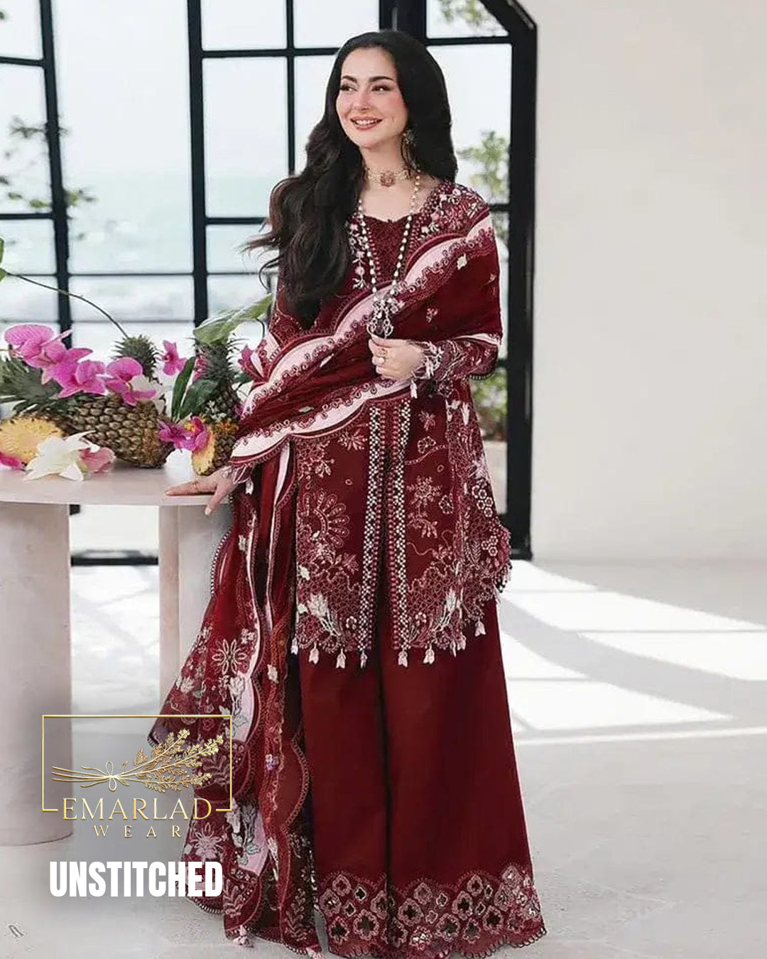 Qalamkar Sahil Mehroon Luxury Chicken Kari Lawn Embroidered 3PC Unstitched Suit | Premium Lawn Collection