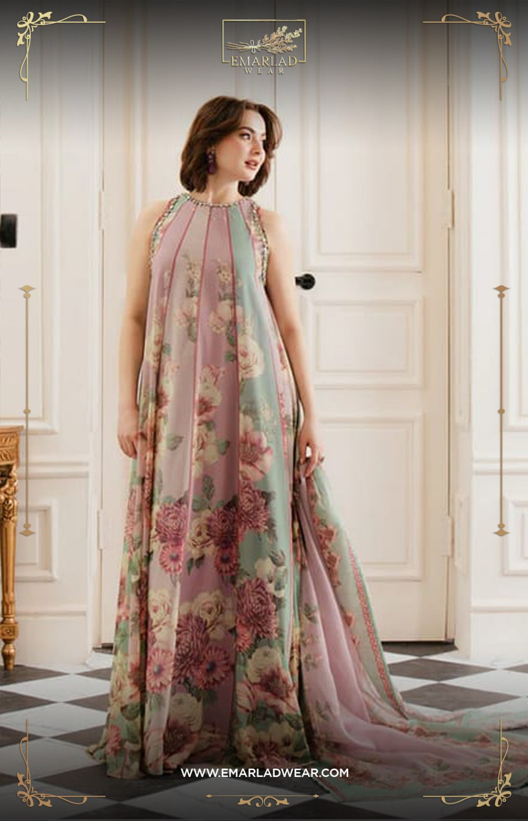 Lulusar Pink Silk Lining Digital Print & Hand Work Party Wear Dress (B Emarlad Wear Lulusar Pink Silk Lining Digital Print & Hand Work Party Wear Dress (B Emarlad Wear