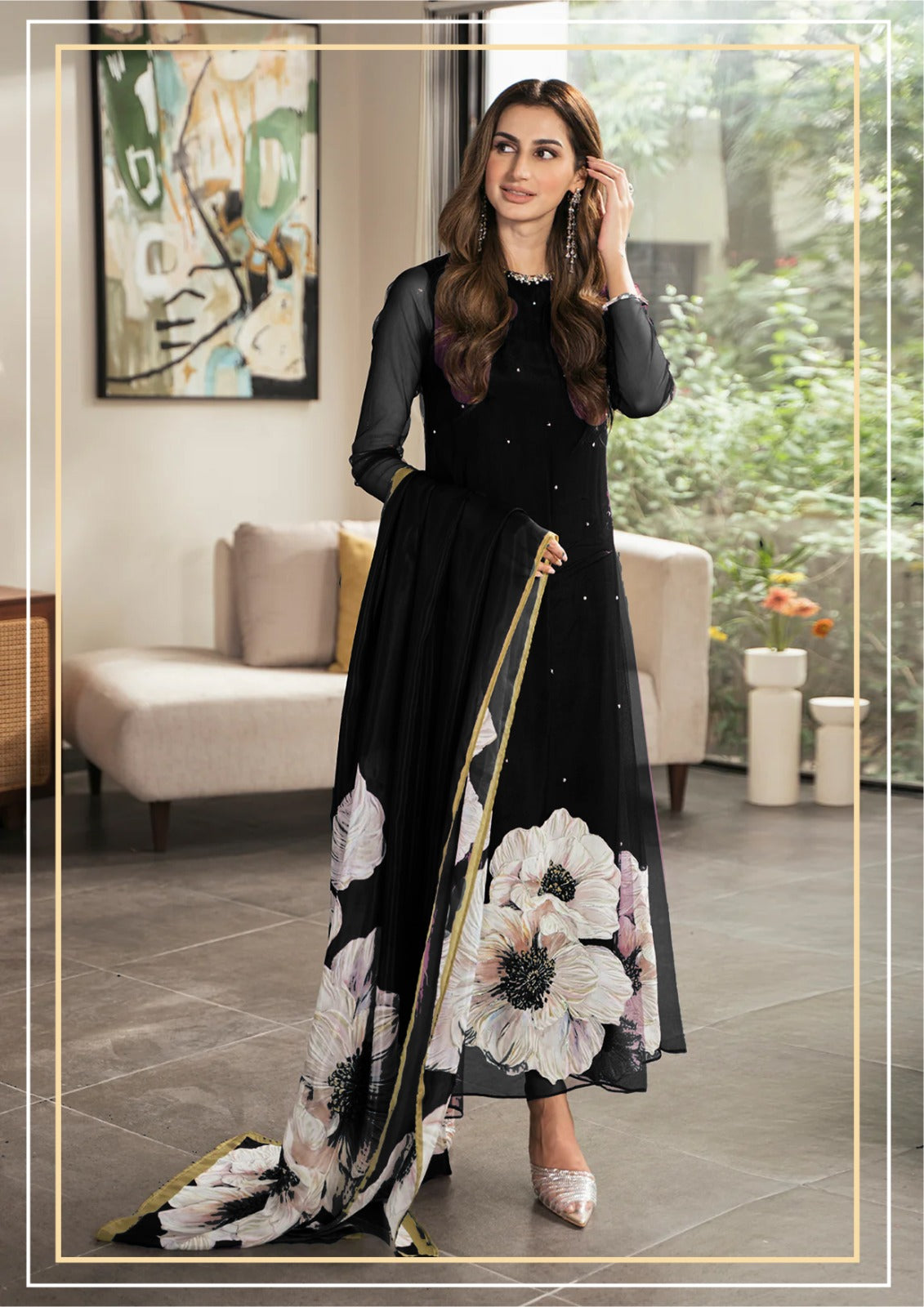 Lulusar Black white flower Digital Silk Embroidery Dress
