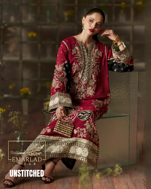 Ethnic Luxury Dark Red Kaftan Collection 2026 Embroidered Suit | Emarladwear