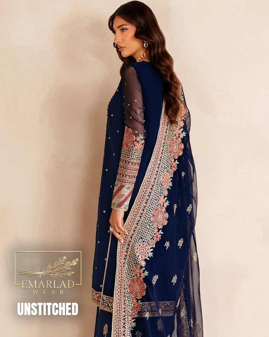 Farasha Navy Blue Chiffon Embroidered Suit | Luxury Collection