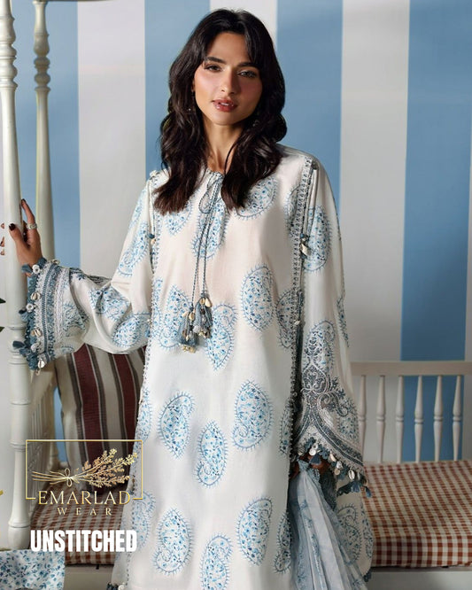 Maria B Kairy White n Blue Lawn Suit with Chiffon Embroidered Dupatta & Printed Trouser