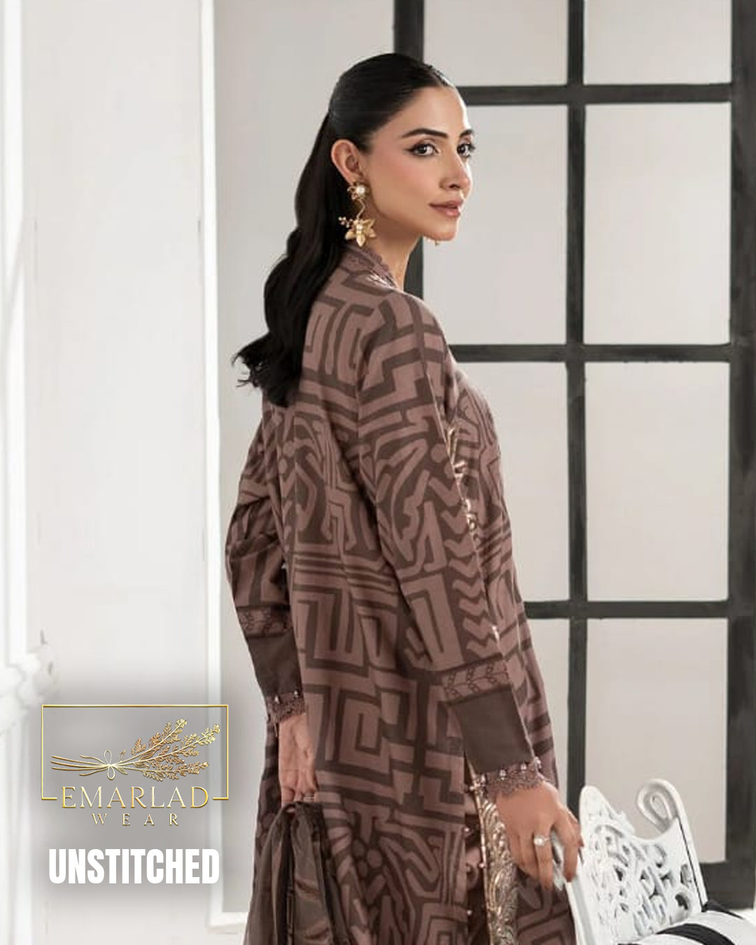 M.B Box Brown Lawn 3PC Suit – Chiffon Embroidered Dupatta