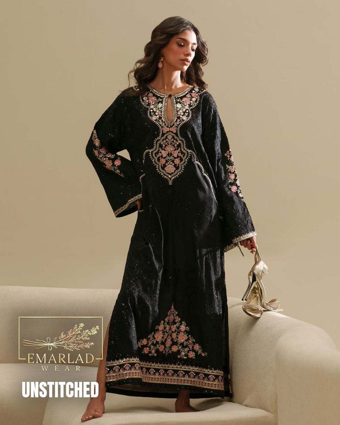 Ethnic Jet Black 2 Piece Silk Kaftan Unstitched