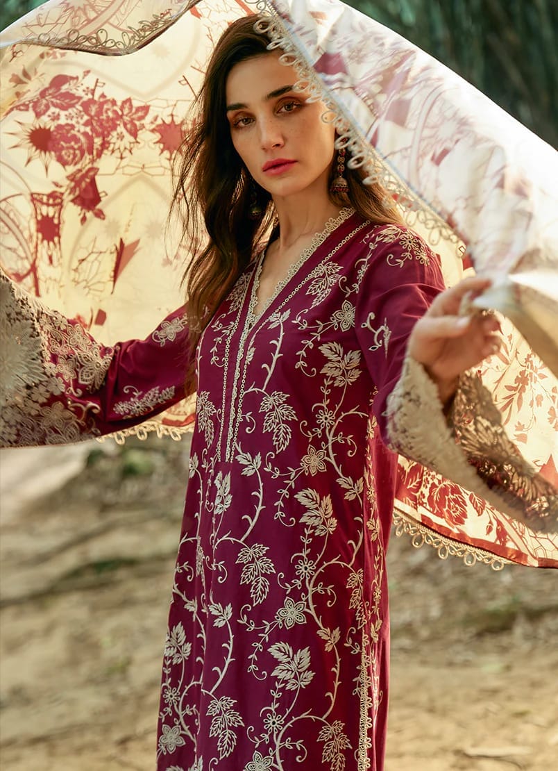 Rameen Maroon Chikankari Lawn Embroidery Dress 3pc