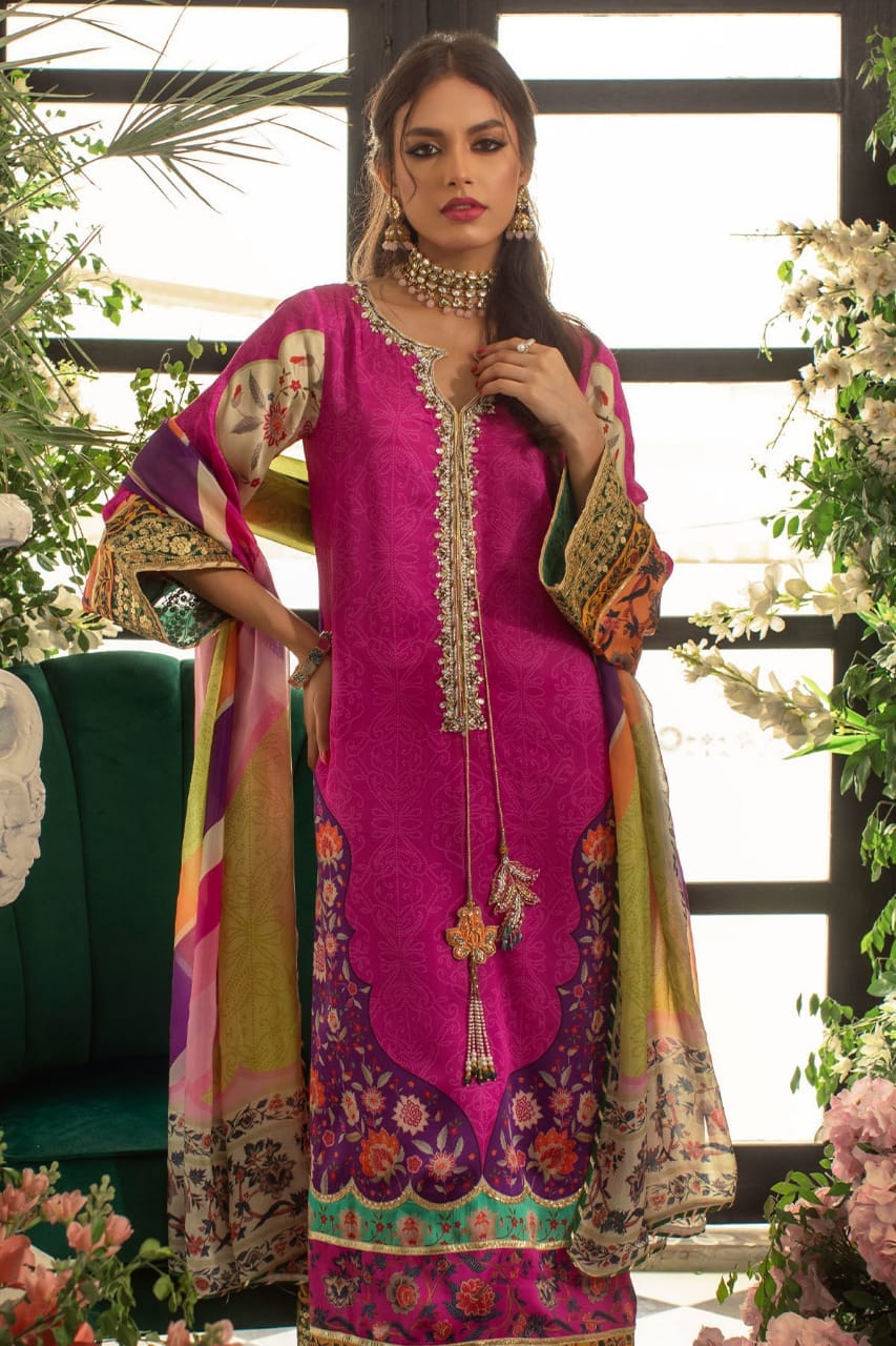 Anas Abrar Silk Pink Digital Print Embroidery Hand Work 3pc