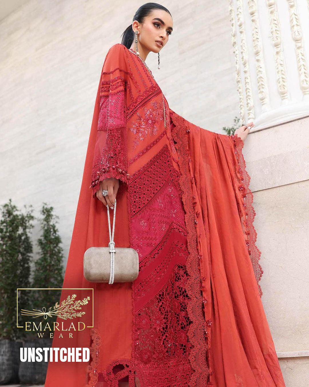Maria B MB-26-09 Red Orange Triple Shade Tie & Dye Luxury Lawn Embroidered 3PC Suit | Emarladwear