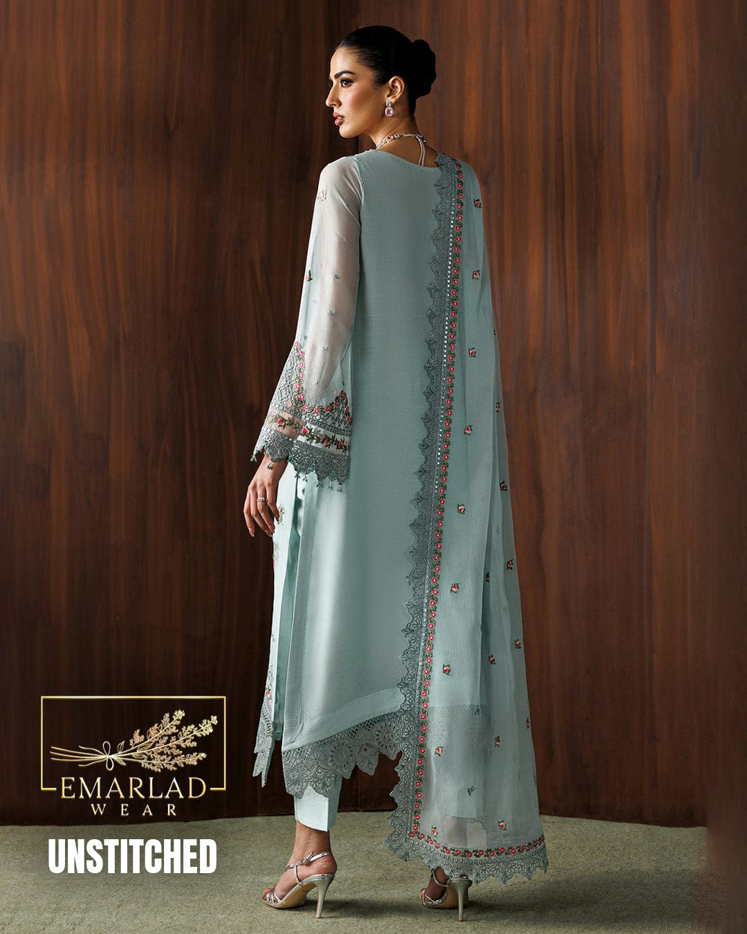 Baroque Sky Blue Chiffon Embroidered 3 Piece Suit
