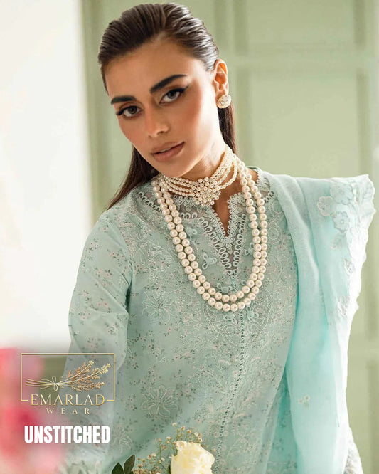 Qalamkar Aqua Printed Lawn Heavy Embroidered 3 Pc Suit | Chiffon Dupatta