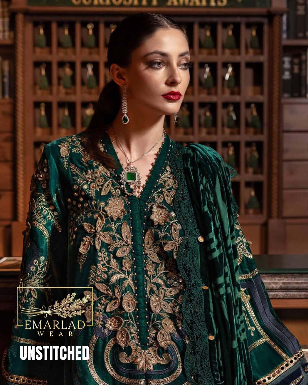 M.B Green Velvet Plachi 3 Piece Suit with Shawl Dupatta