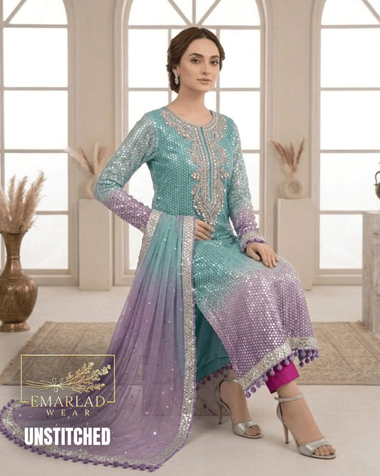 Emarlad Tie & Dye Pure Chiffon Suit with 9mm Sequin Embroidery | Luxury Formal Collection | Emarladwear