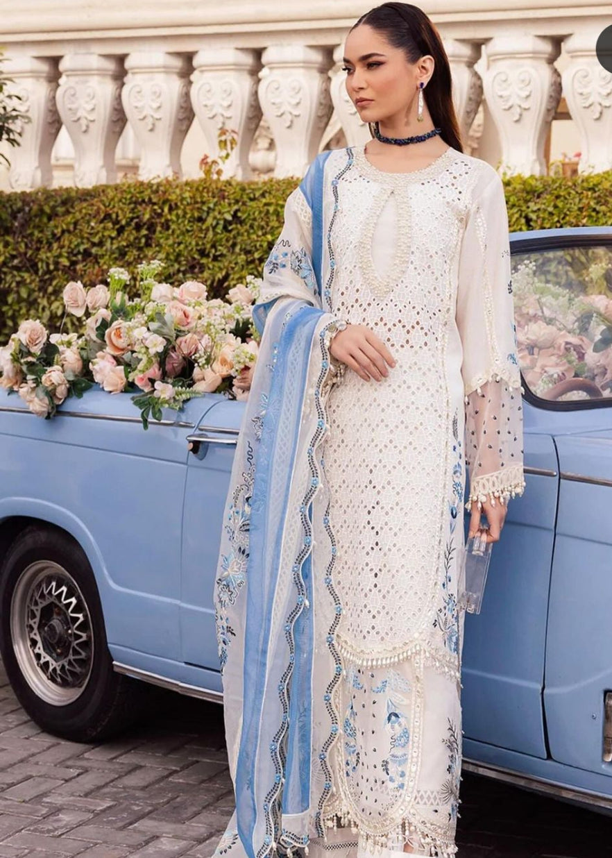 Hussain Rehar Sky Blue&off White Embroidery Lawn Luxury Dress Emarlad Wear Hussain Rehar Sky Blue&off White Embroidery Lawn Luxury Dress Emarlad Wear