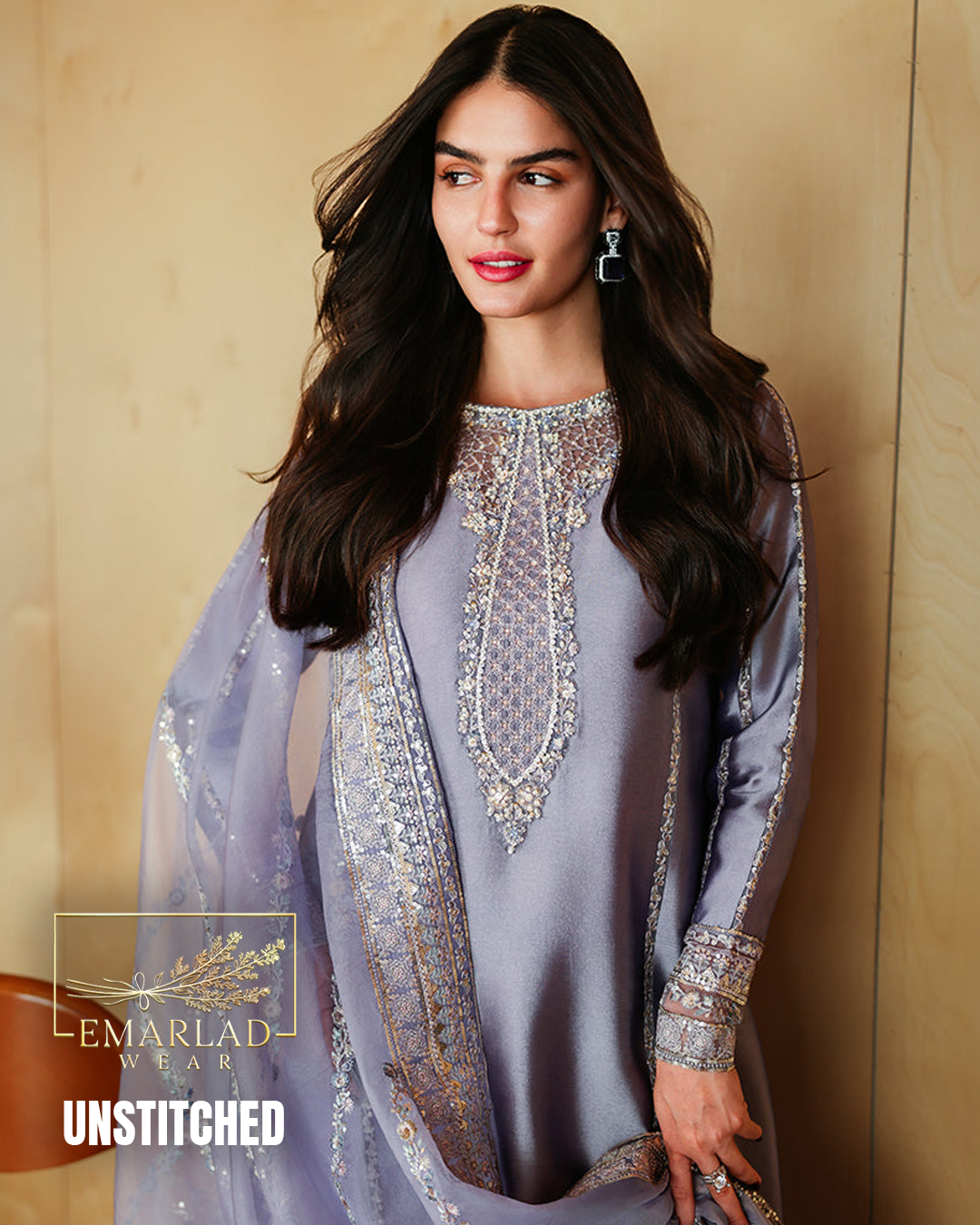Mushq Lilac Purple Shamoze Silk Embroidered 3 Piece Suit