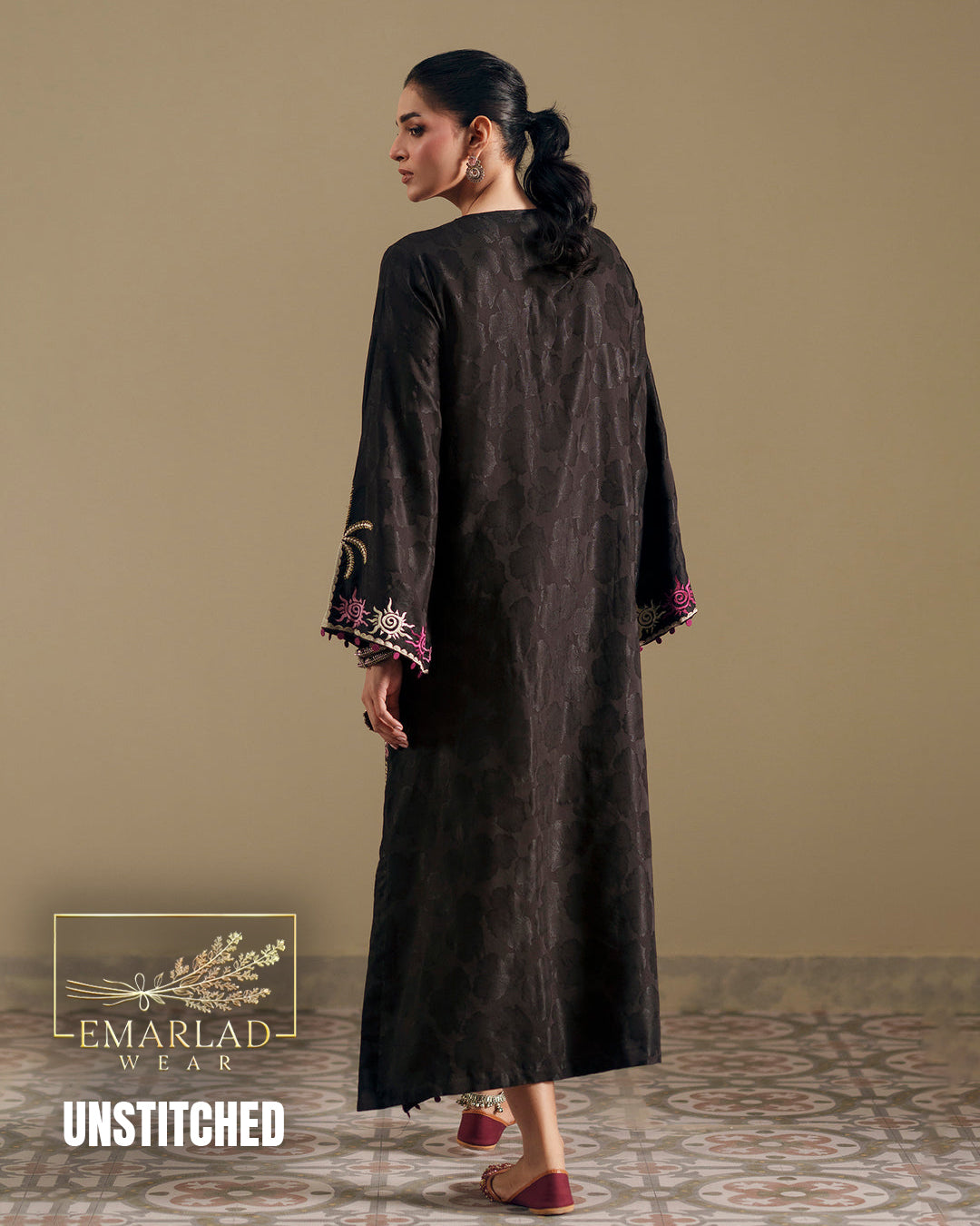Ethnic Jet Black 2 Piece Silk Kaftan Unstitched Suit