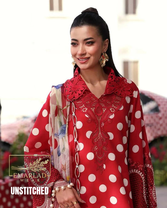 MARIA B M PRINT Vol-02 Polka Dot Red Lawn Collection 2026 | 3PC Embroidered Suit